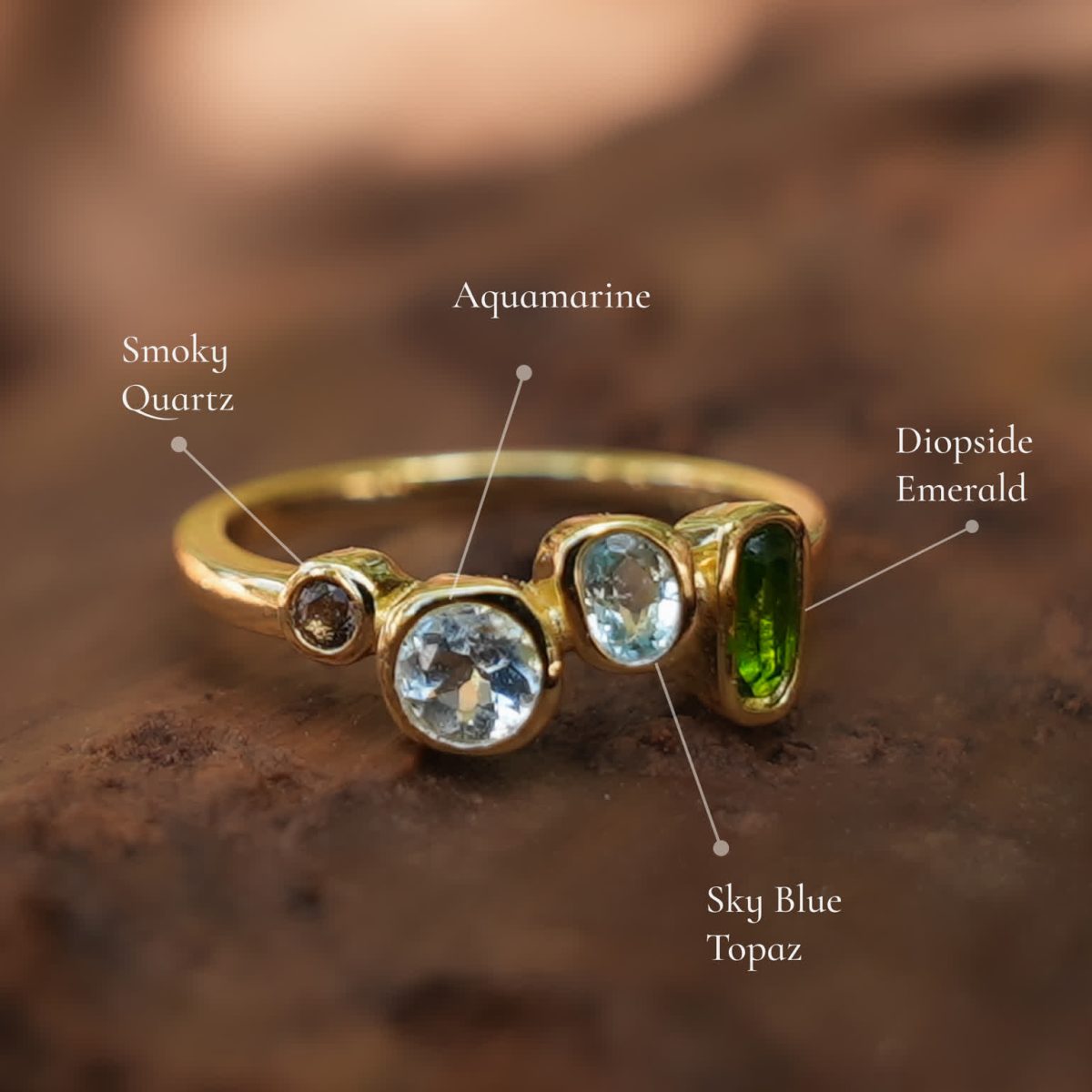 multi gemstone ring with aquamarine, london topaz, smoky quartz