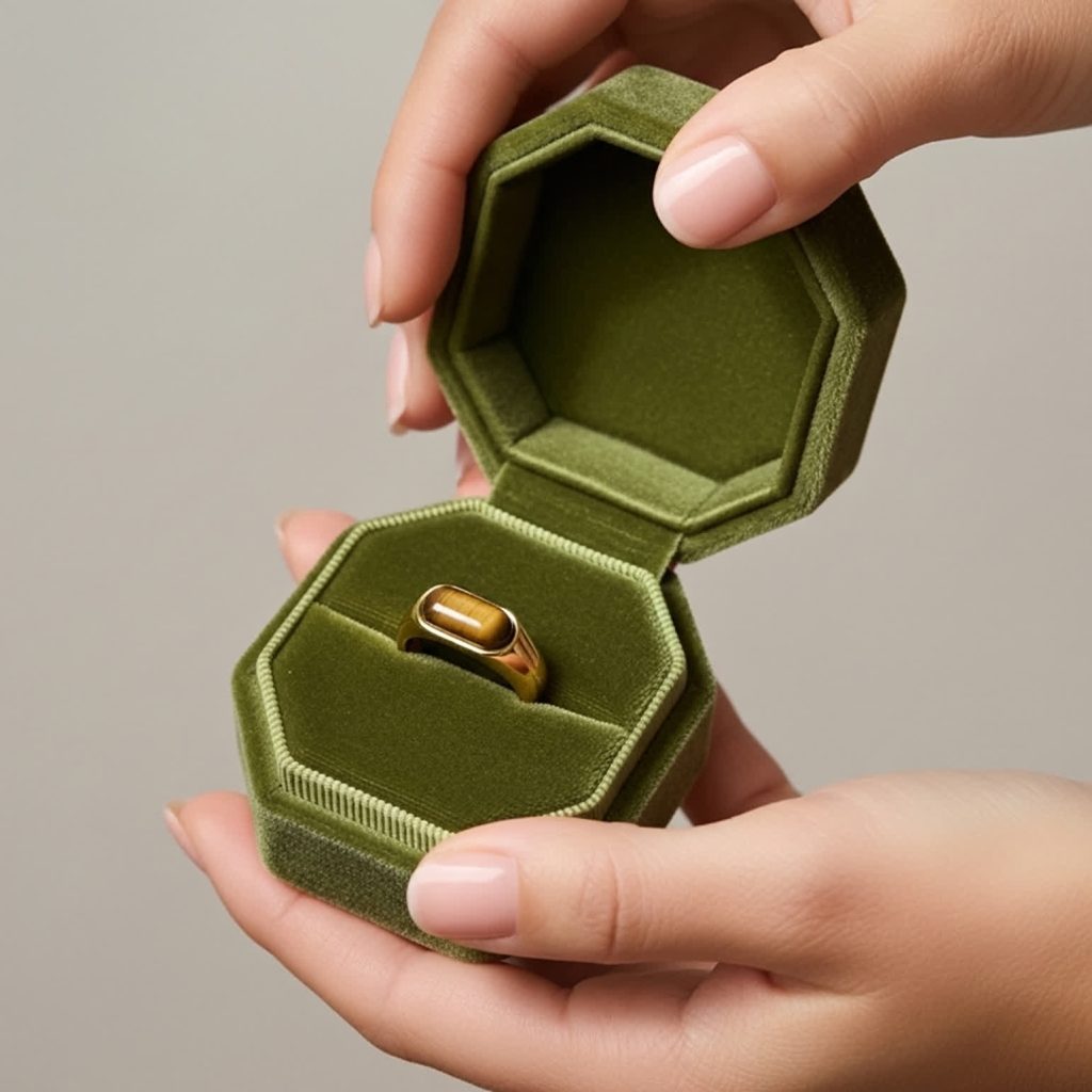 Tiger eye ring placed inside green jewelry box with soft velvet interior.