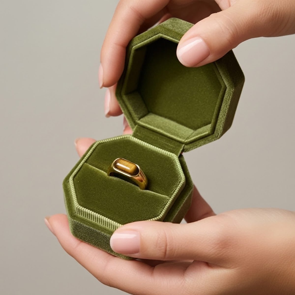 Tiger eye ring placed inside green jewelry box with soft velvet interior.