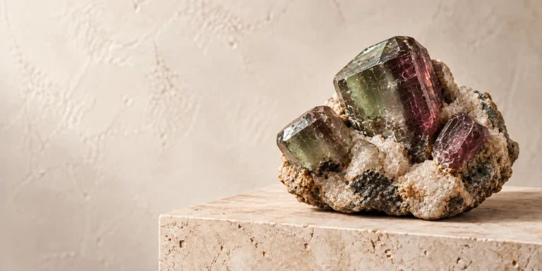Alexandrite specimen displayed on a warm stone surface