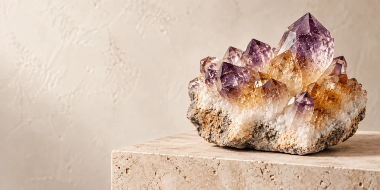 Ametrine specimen displayed on a warm stone surface