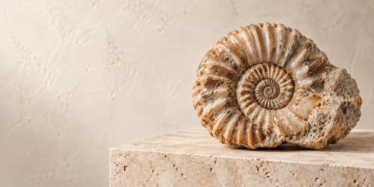 Ammonite specimen displayed on a warm stone surface