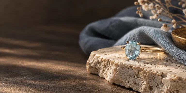 Gold ring with a pale blue aquamarine gemstone