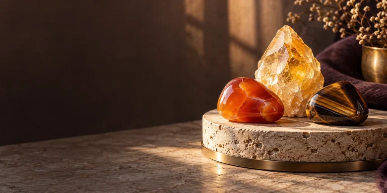 Carnelian, citrine and tiger's eye stones on a travertine plinth