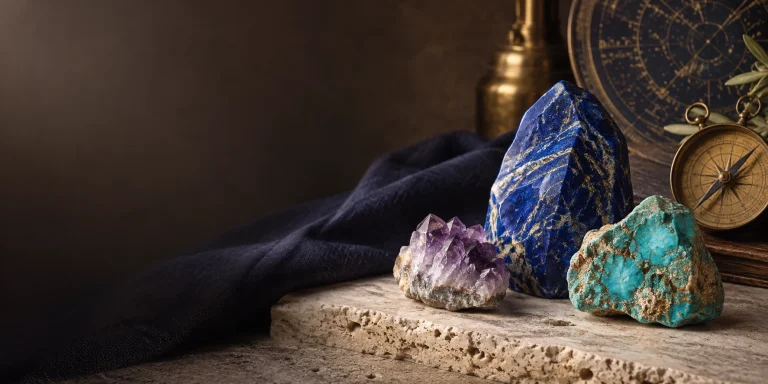 Lapis lazuli, turquoise and amethyst crystals beside a vintage brass compass