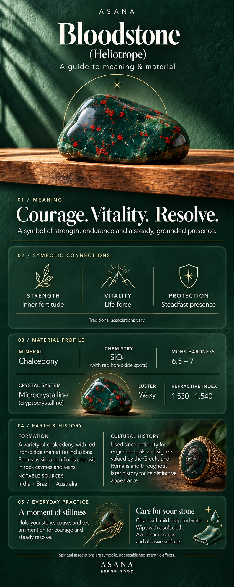 Bloodstone crystal meaning and properties guide with gemstone illustration, mineral information and traditional symbolism.
