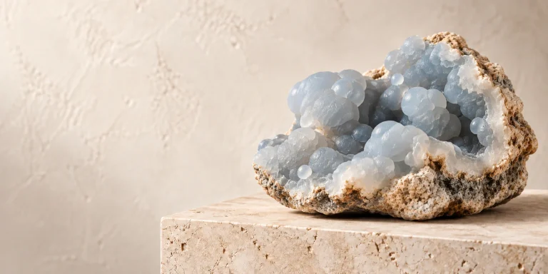 Chalcedony specimen displayed on a warm stone surface
