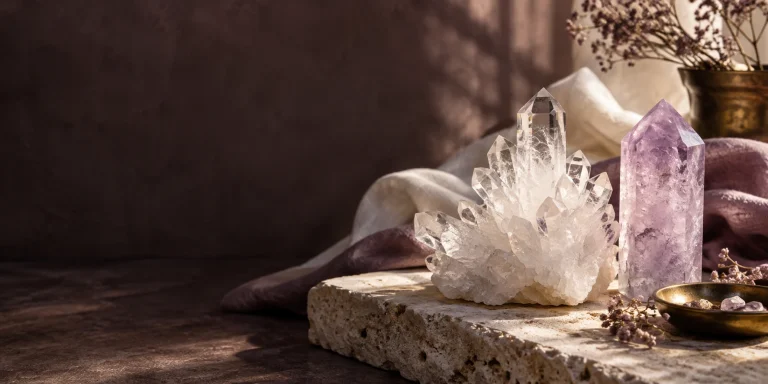 Clear quartz cluster and pale amethyst crystal on travertine