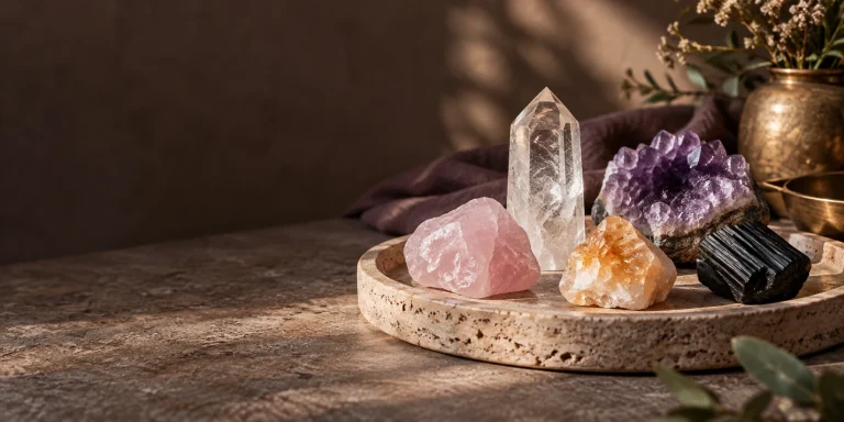 Clear quartz, rose quartz, amethyst, citrine and black tourmaline on a travertine tray