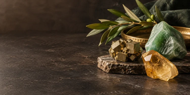 Pyrite, green aventurine and citrine crystals on a dark stone surface