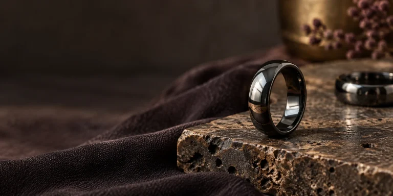 Polished gunmetal hematite rings on dark travertine