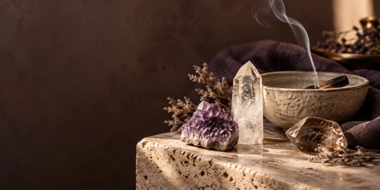 Amethyst and quartz crystals beside a ceramic bowl and gentle incense smoke