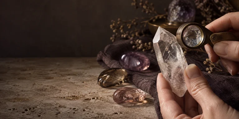 A magnifying glass inspecting a clear quartz crystal on a stone surface