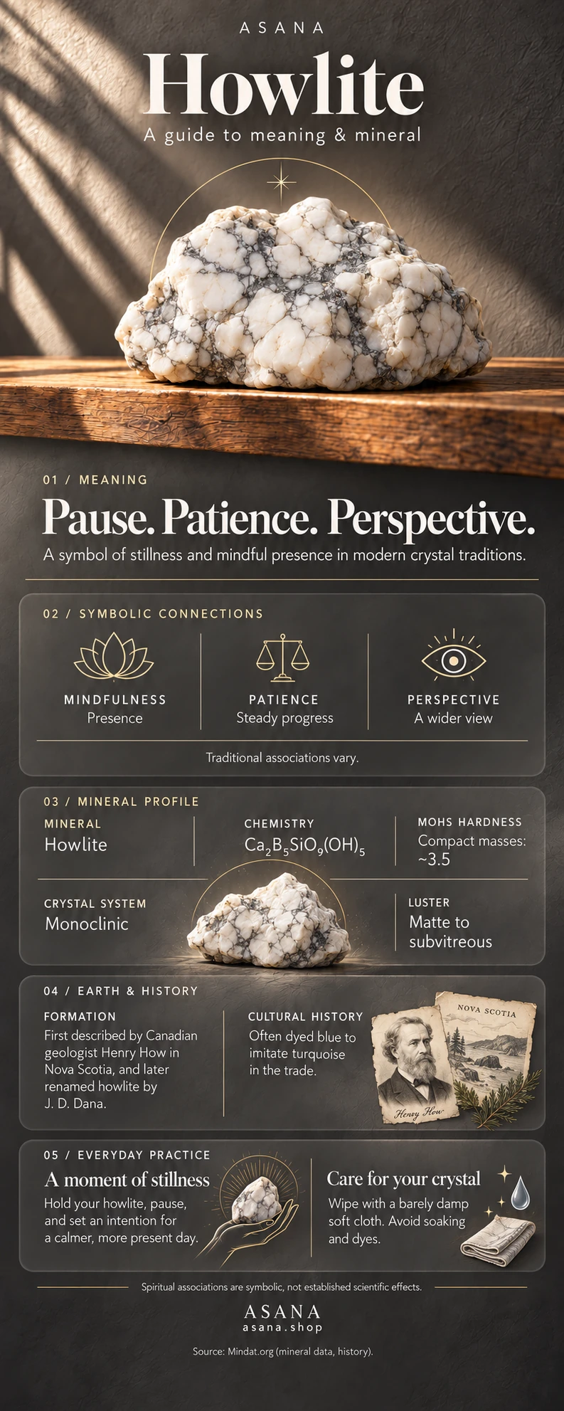 Illustrated howlite gemstone guide showing crystal meaning, symbolism and mineral properties.