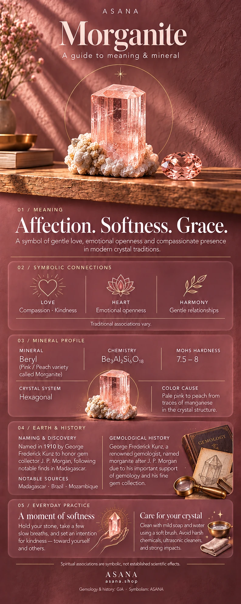 Illustrated morganite gemstone guide showing crystal meaning, symbolism and mineral properties.