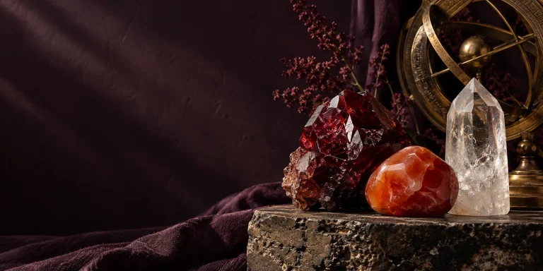 Garnet, carnelian and clear quartz beside an antique brass celestial instrument