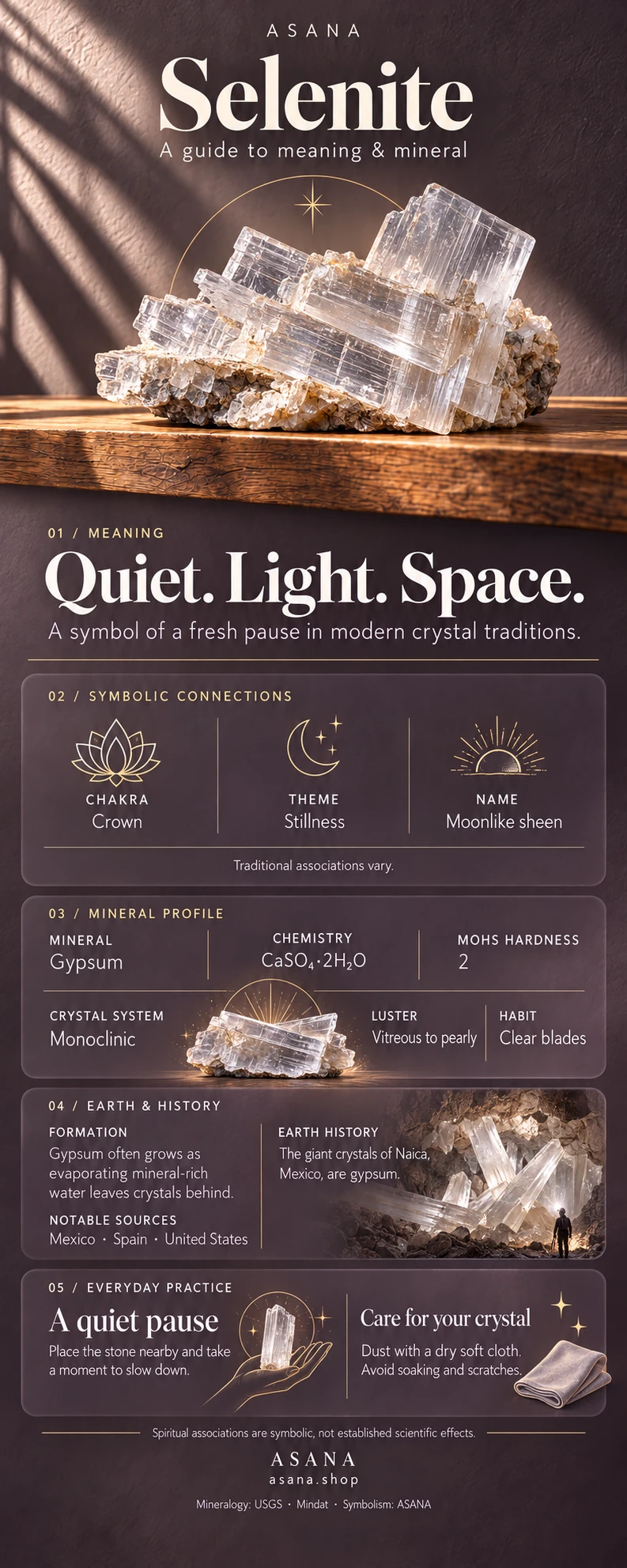 Illustrated selenite gemstone guide showing crystal meaning, symbolism and mineral properties.