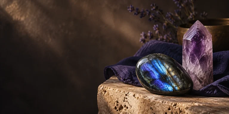 Labradorite and amethyst crystals on travertine for a third eye chakra guide