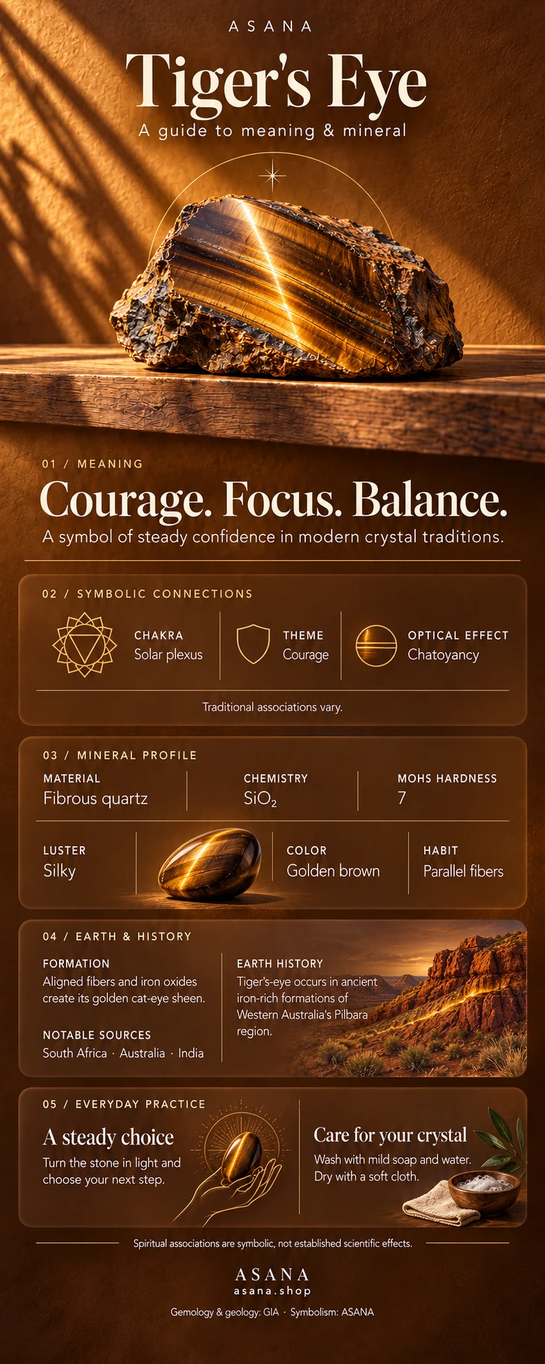 Illustrated tiger's eye gemstone guide showing crystal meaning, symbolism and mineral properties.
