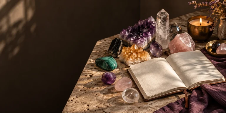 Curated crystals with a journal and candle on a stone surface
