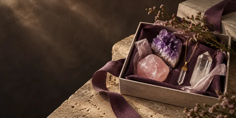 Crystal gift box with amethyst, rose quartz and a gold pendant